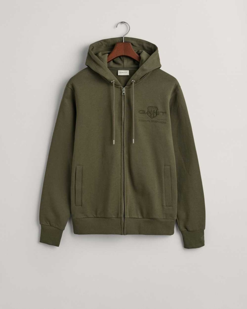 Gant Tonal Shield Zip Men\'s Hoodie Racing Green | ZXYJO-8164