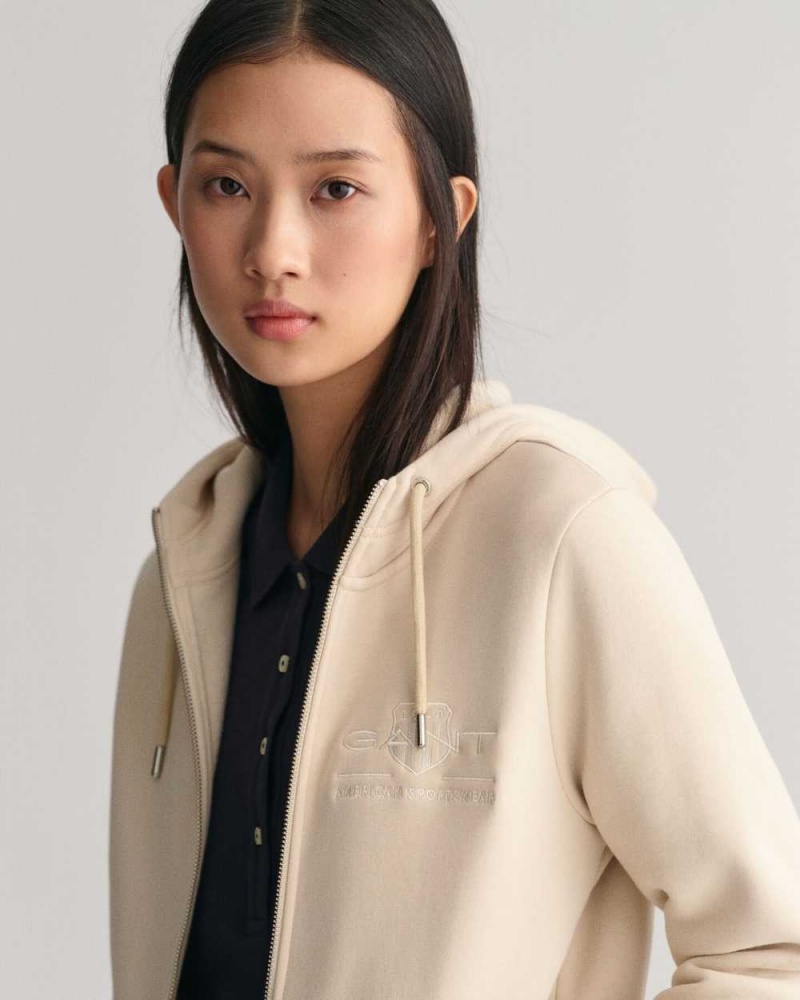 Gant Tonal Shield Zip Women's Hoodie Beige | DEKWJ-7396