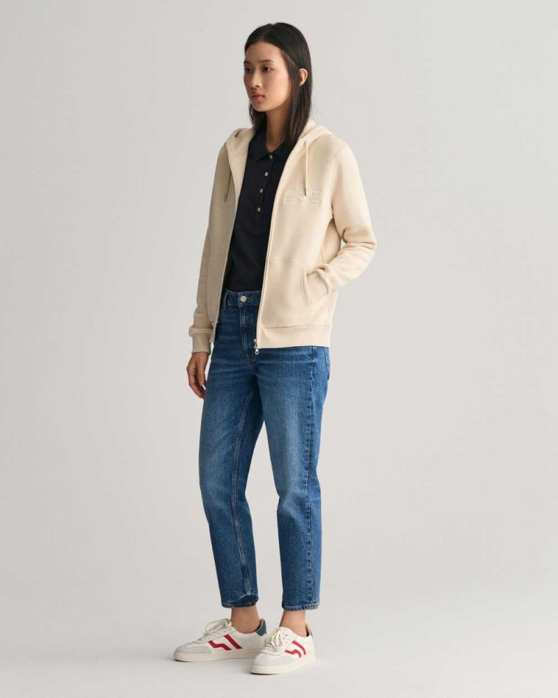 Gant Tonal Shield Zip Women's Hoodie Beige | DEKWJ-7396