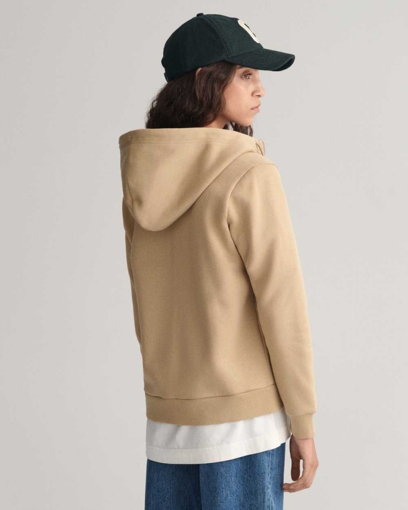 Gant Tonal Shield Zip Women's Hoodie Dark Khaki | TRPEV-8429