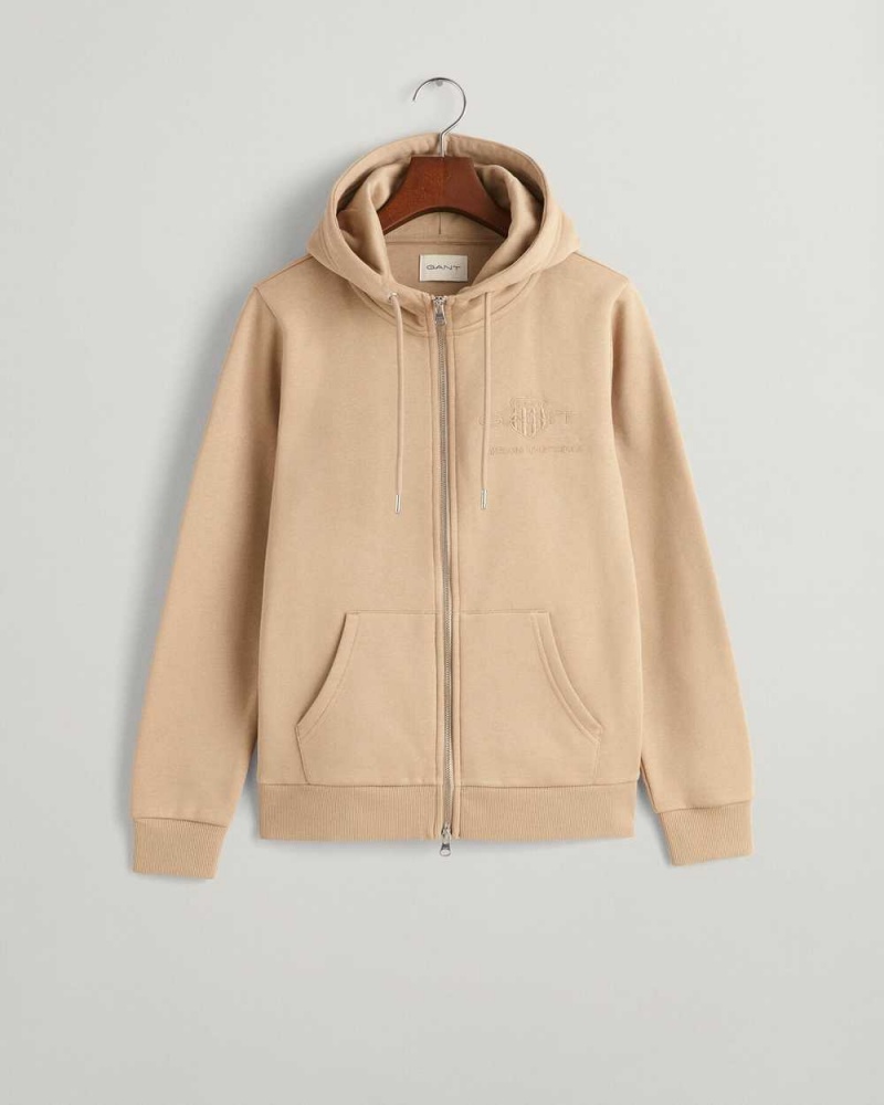 Gant Tonal Shield Zip Women's Hoodie Dark Khaki | TRPEV-8429