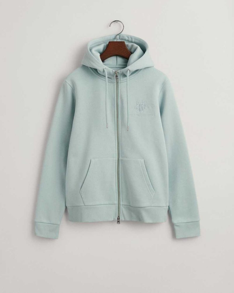 Gant Tonal Shield Zip Women\'s Hoodie Dusty Turquoise | NSFUL-8263