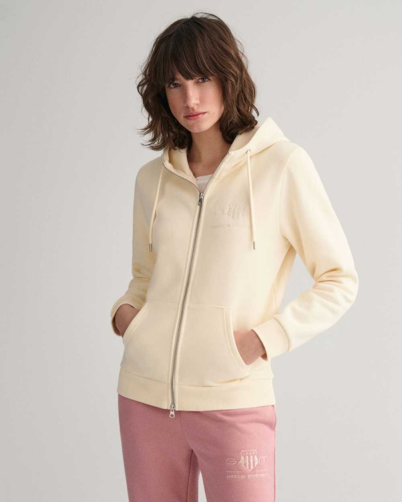 Gant Tonal Shield Zip Women\'s Hoodie Linen | EIFVL-5039