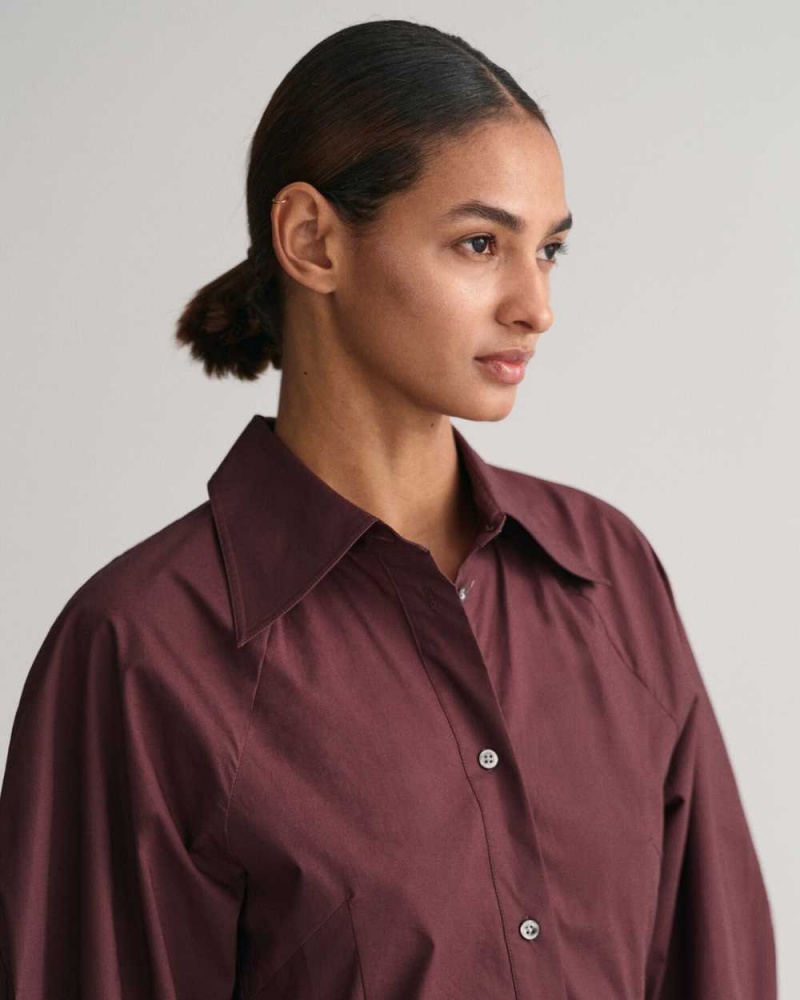 Gant Volume Sleeve Shirt Women's Dress Dark Red Brown | JUPYA-0857