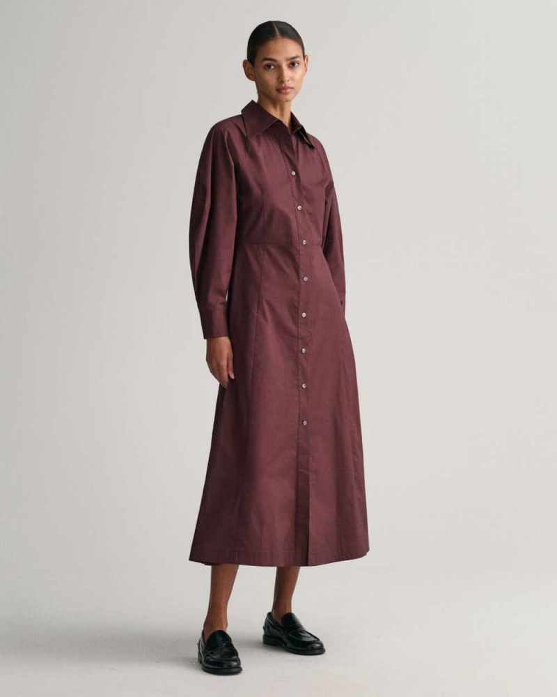 Gant Volume Sleeve Shirt Women's Dress Dark Red Brown | JUPYA-0857