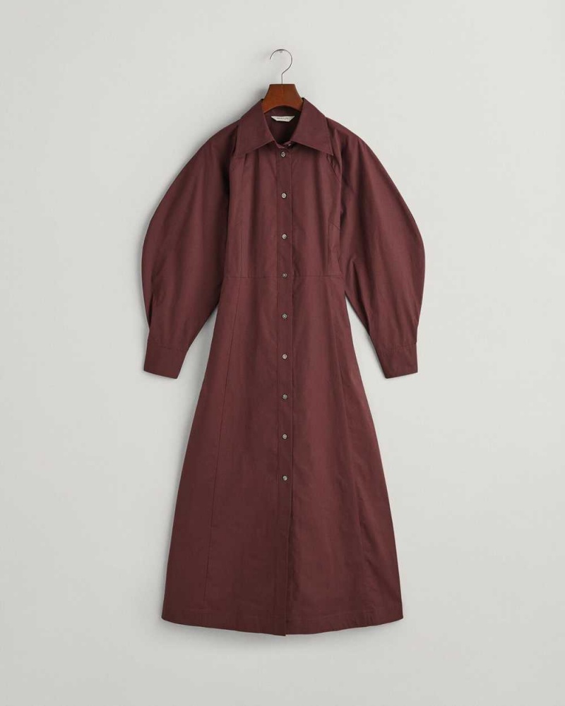 Gant Volume Sleeve Shirt Women's Dress Dark Red Brown | JUPYA-0857