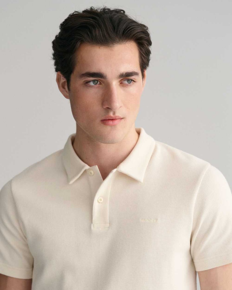 Gant Waffle Texture Piqué Men's Polo Shirt Cream | BYTGE-7960