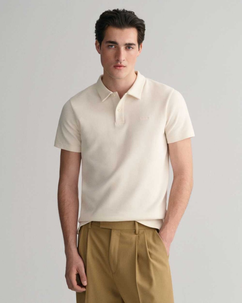 Gant Waffle Texture Piqué Men\'s Polo Shirt Cream | BYTGE-7960