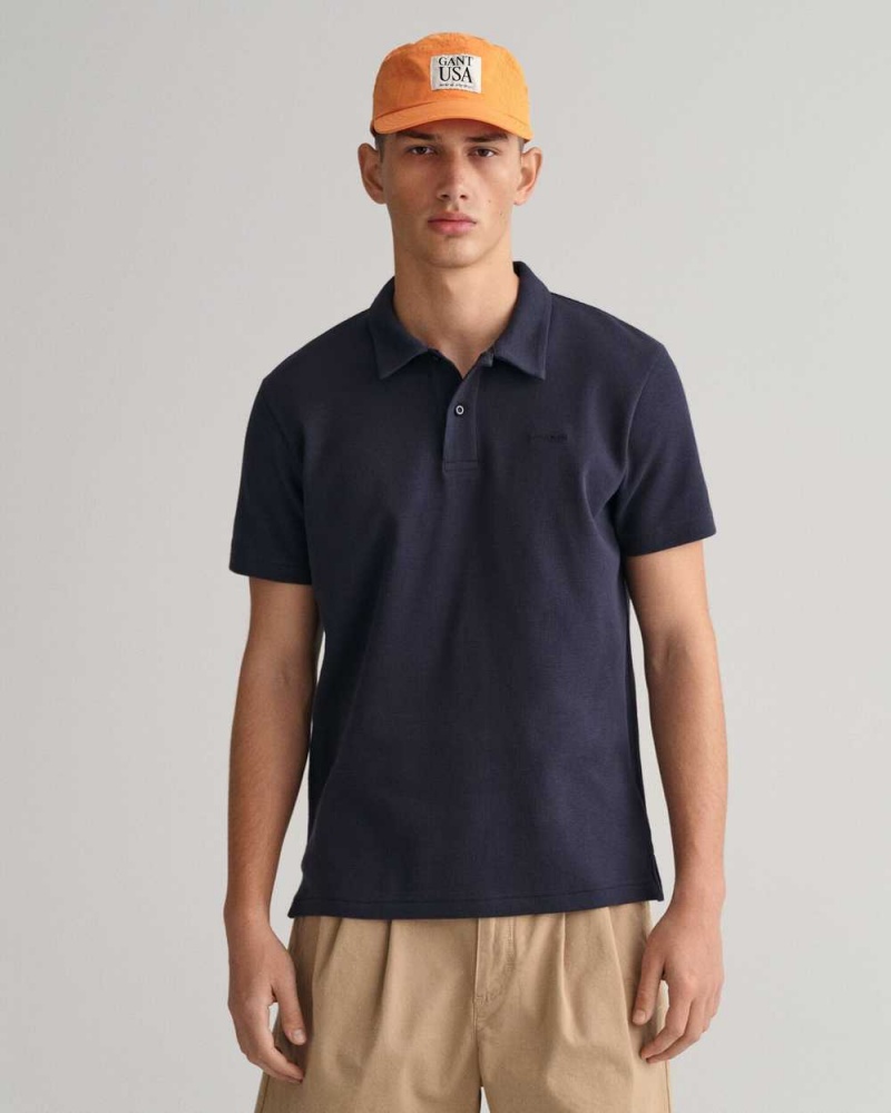 Gant Waffle Texture Piqué Men\'s Polo Shirt Evening Blue | FIUGM-6859