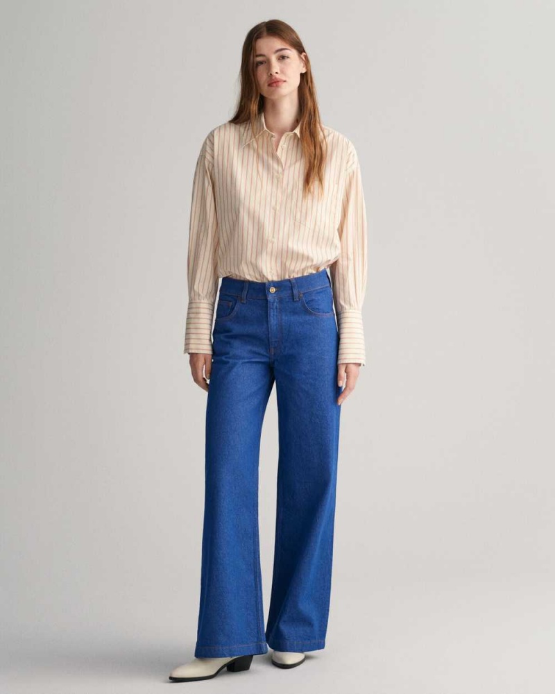 Gant Wide Leg Bright Blue Women's Jeans Mid Blue | LDFEZ-6579