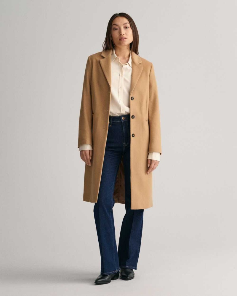 Gant Wool Blend Tailored Women\'s Coats Dark Khaki | CBVAK-5017