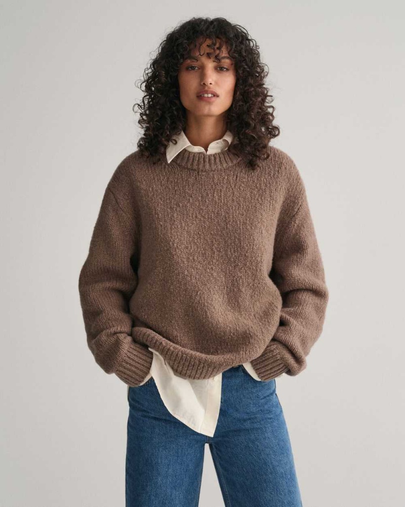 Gant Wool Bouclé Crew Neck Women's Sweater Desert Brown | XCNAR-3265