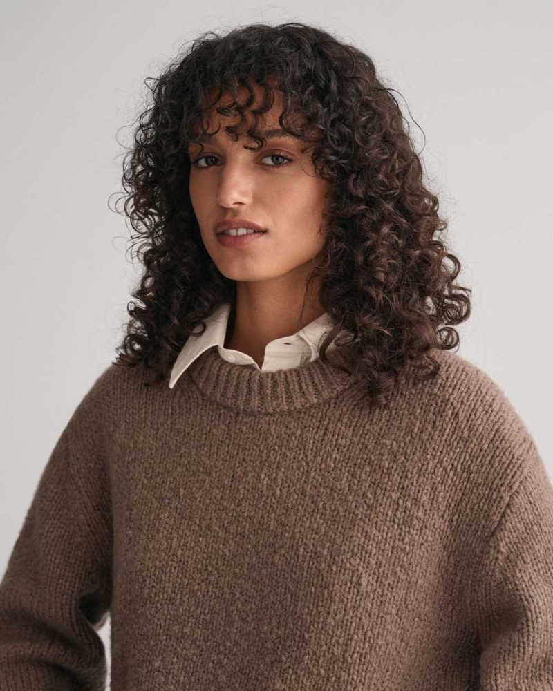 Gant Wool Bouclé Crew Neck Women's Sweater Desert Brown | XCNAR-3265