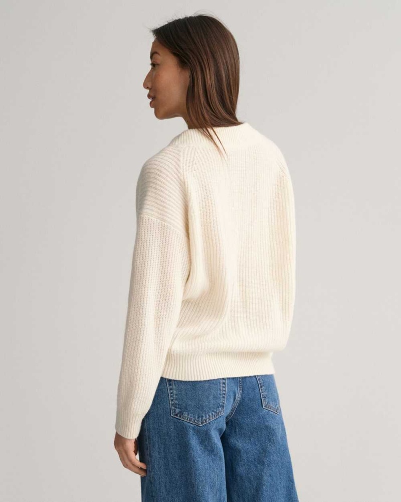 Gant Wool Ribbed V-Neck Women's Sweater Cream | OCVLM-9713