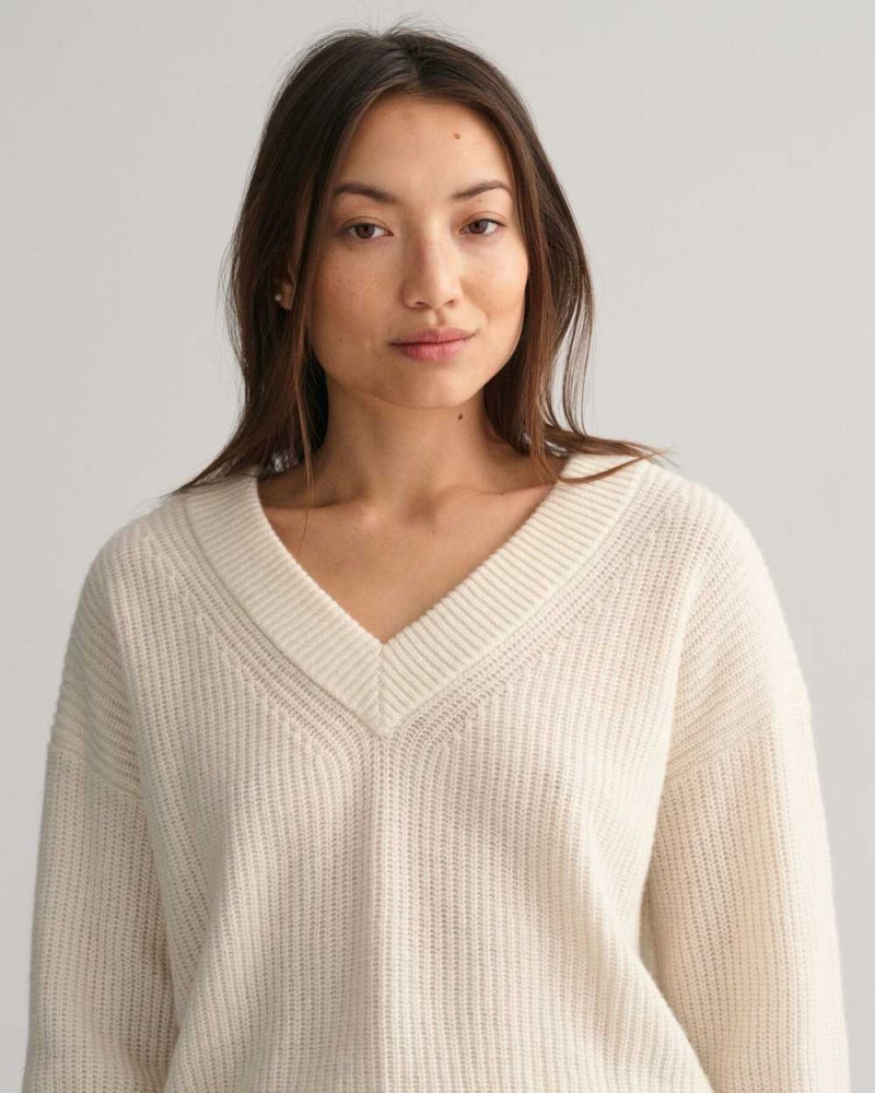 Gant Wool Ribbed V-Neck Women's Sweater Cream | OCVLM-9713