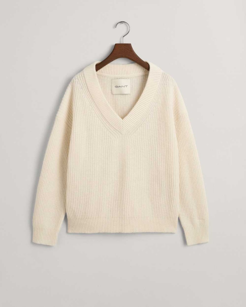 Gant Wool Ribbed V-Neck Women's Sweater Cream | OCVLM-9713