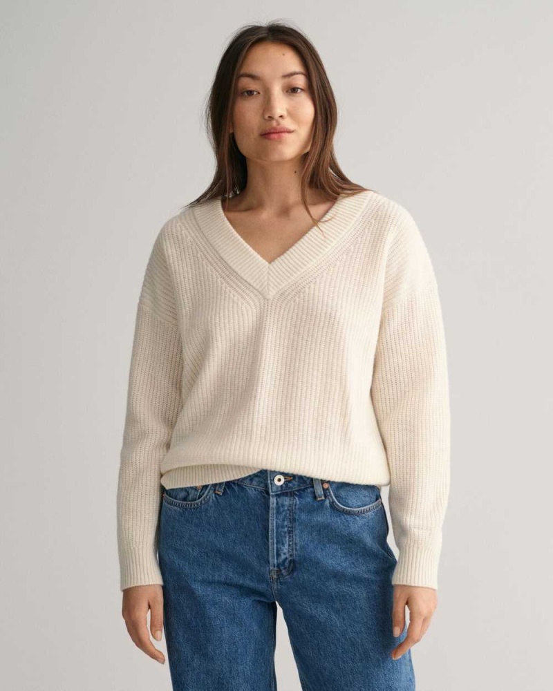 Gant Wool Ribbed V-Neck Women\'s Sweater Cream | OCVLM-9713