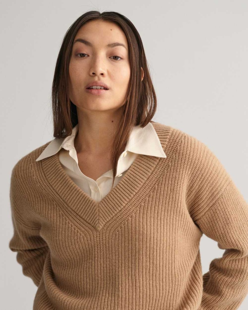 Gant Wool Ribbed V-Neck Women's Sweater Dark Khaki | WMYDI-9487