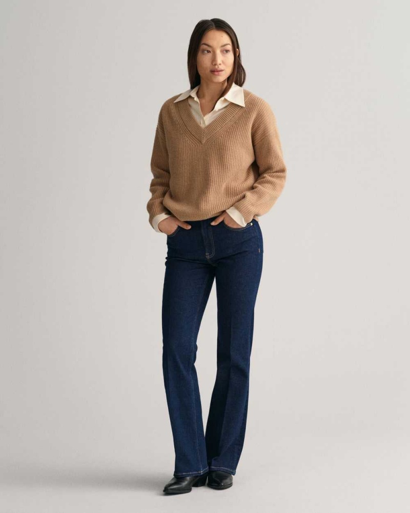 Gant Wool Ribbed V-Neck Women's Sweater Dark Khaki | WMYDI-9487