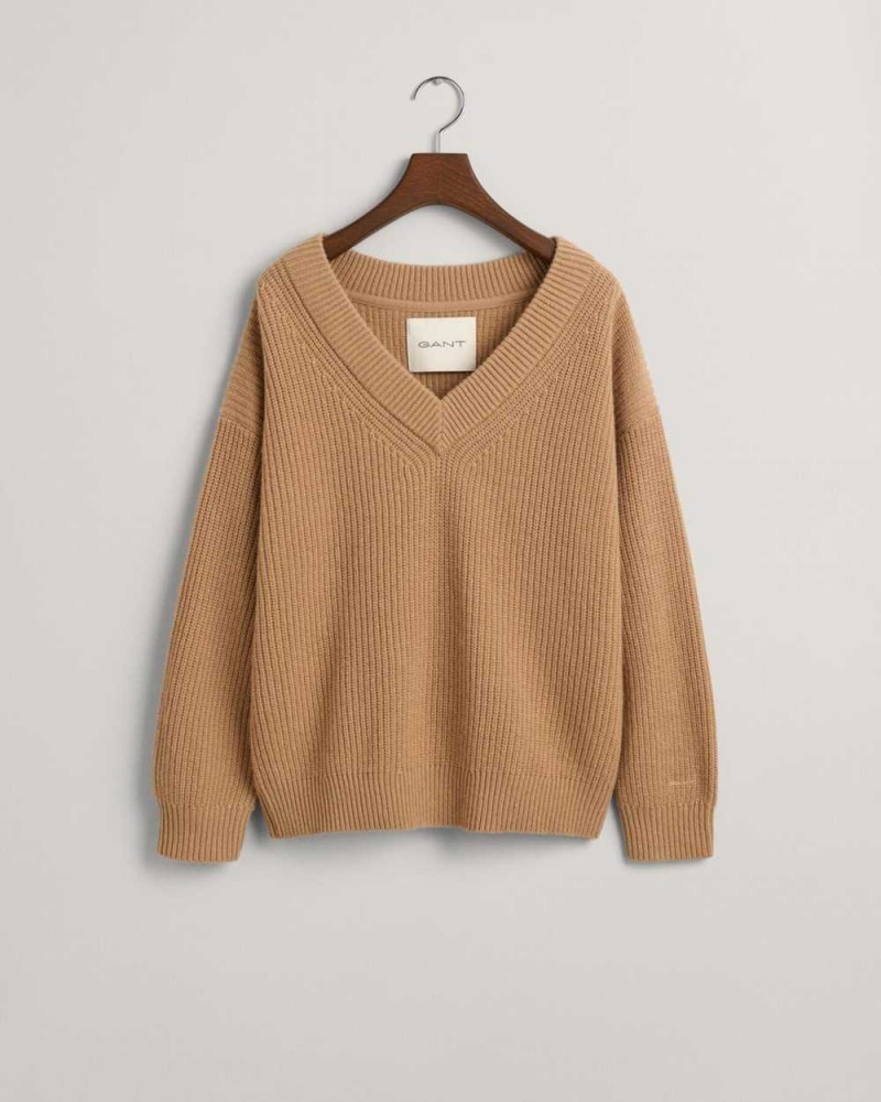 Gant Wool Ribbed V-Neck Women's Sweater Dark Khaki | WMYDI-9487