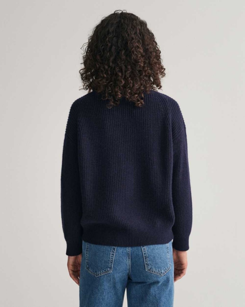 Gant Wool Ribbed V-Neck Women's Sweater Evening Blue | LSXCP-4082