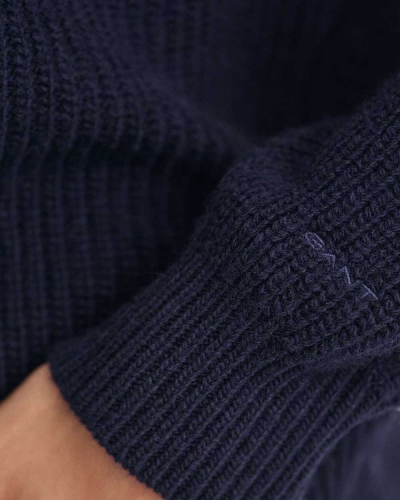 Gant Wool Ribbed V-Neck Women's Sweater Evening Blue | LSXCP-4082