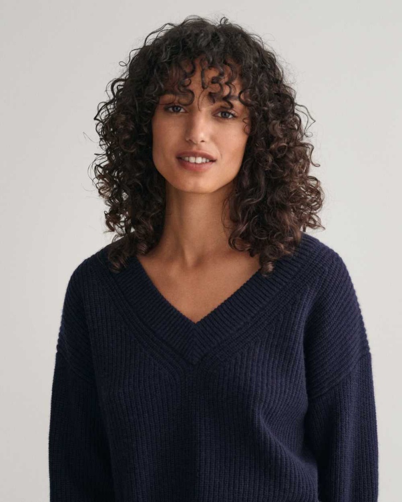 Gant Wool Ribbed V-Neck Women's Sweater Evening Blue | LSXCP-4082