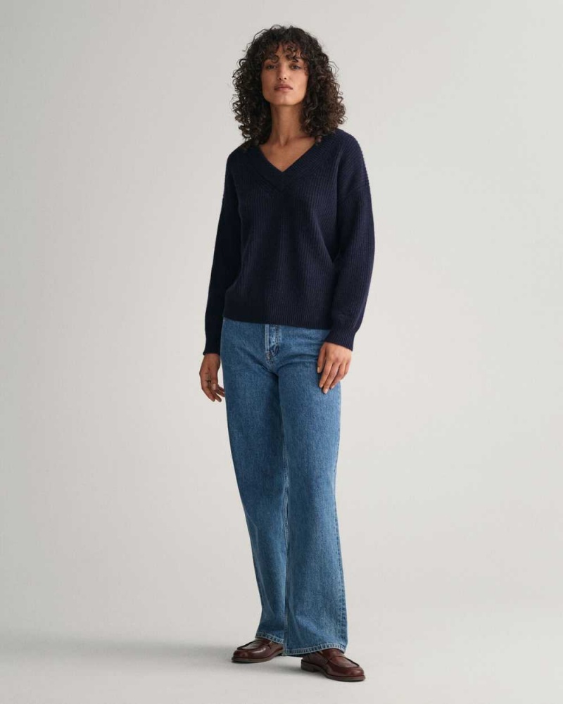 Gant Wool Ribbed V-Neck Women's Sweater Evening Blue | LSXCP-4082