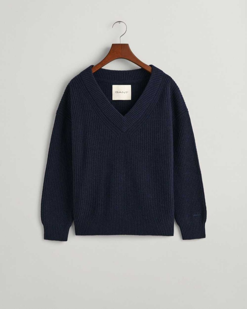 Gant Wool Ribbed V-Neck Women's Sweater Evening Blue | LSXCP-4082