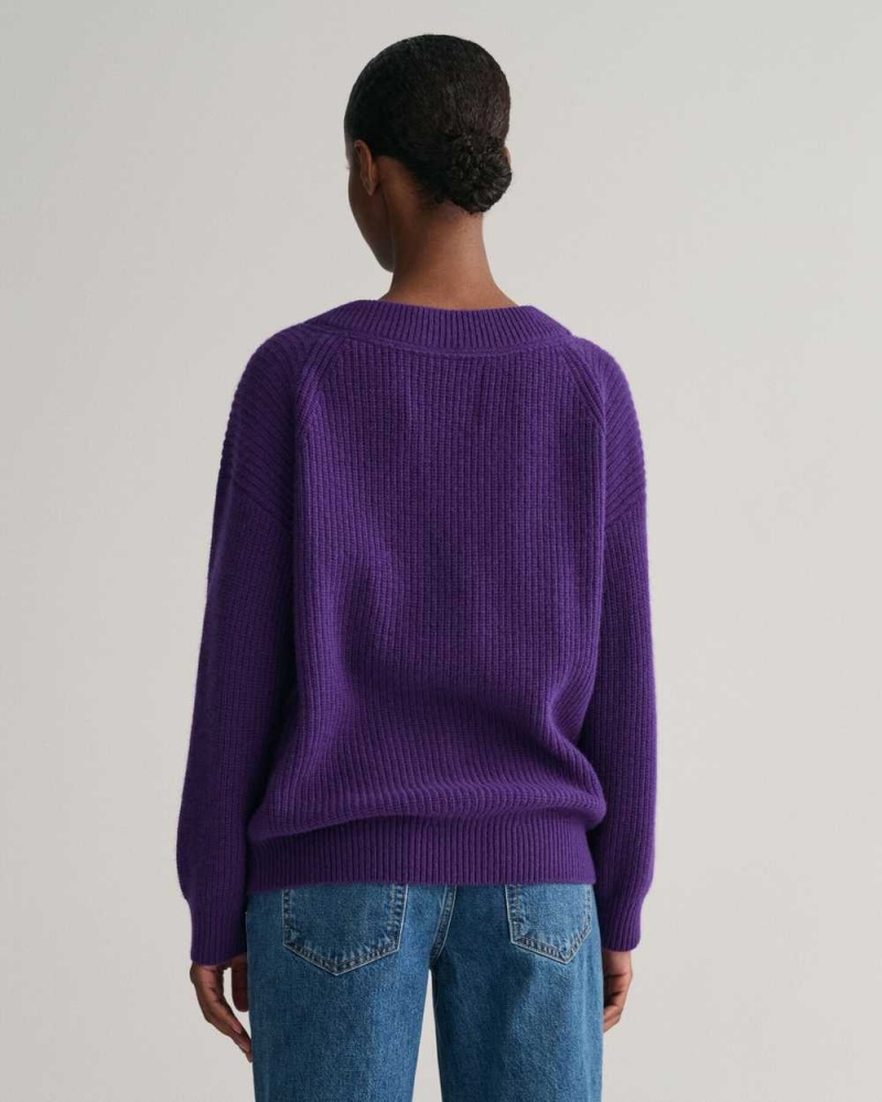 Gant Wool Ribbed V-Neck Women's Sweater Pansy Purple | RDSJH-4320