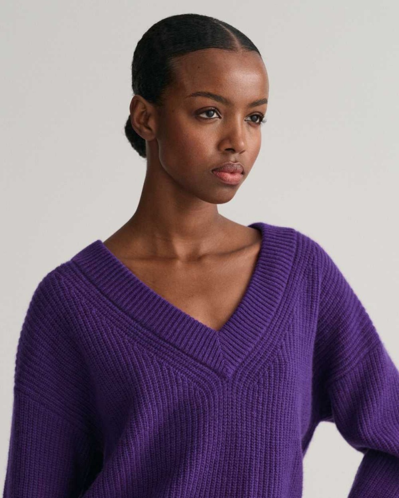 Gant Wool Ribbed V-Neck Women's Sweater Pansy Purple | RDSJH-4320