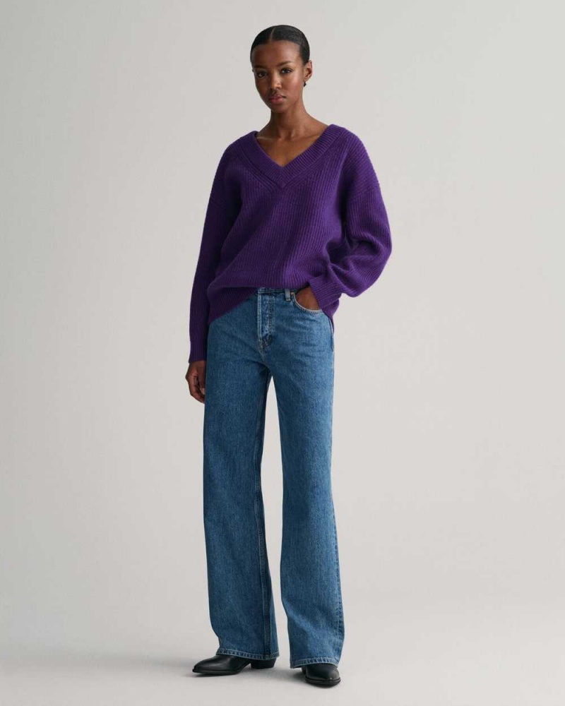 Gant Wool Ribbed V-Neck Women's Sweater Pansy Purple | RDSJH-4320