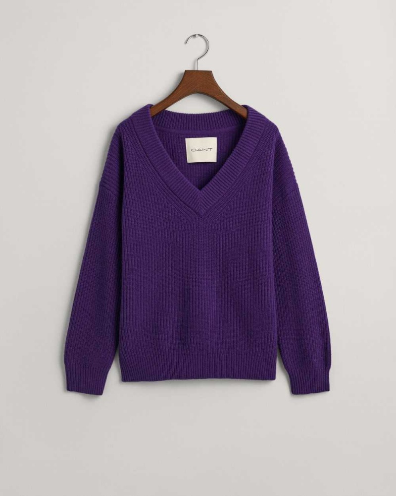 Gant Wool Ribbed V-Neck Women's Sweater Pansy Purple | RDSJH-4320