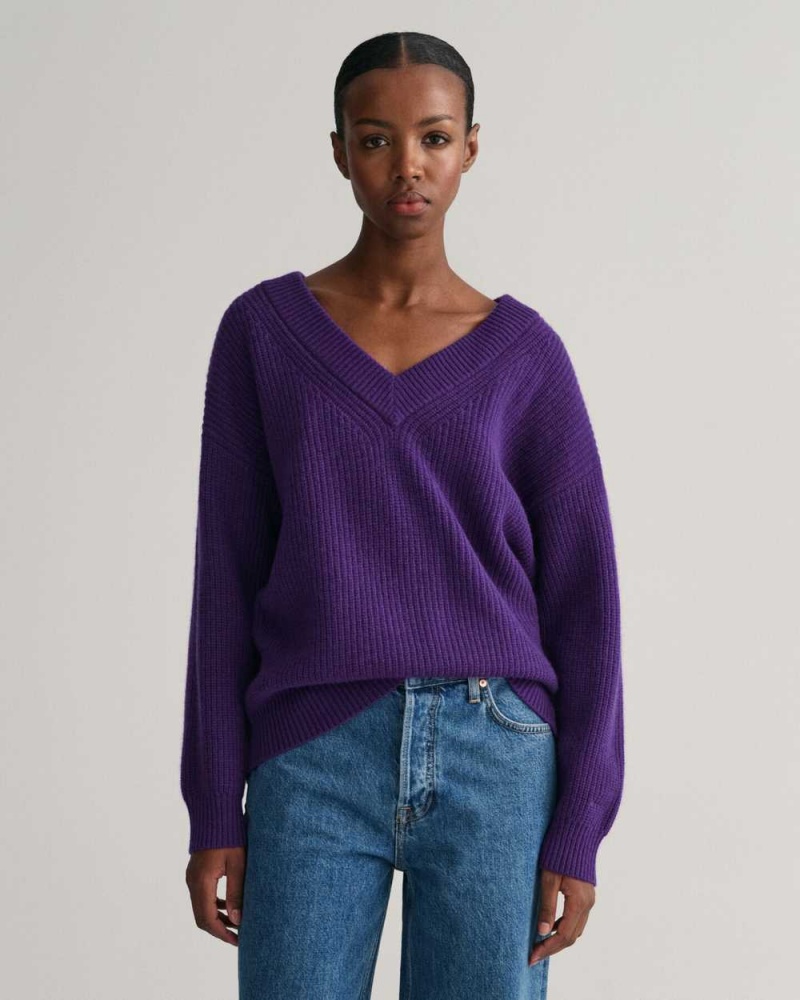 Gant Wool Ribbed V-Neck Women\'s Sweater Pansy Purple | RDSJH-4320