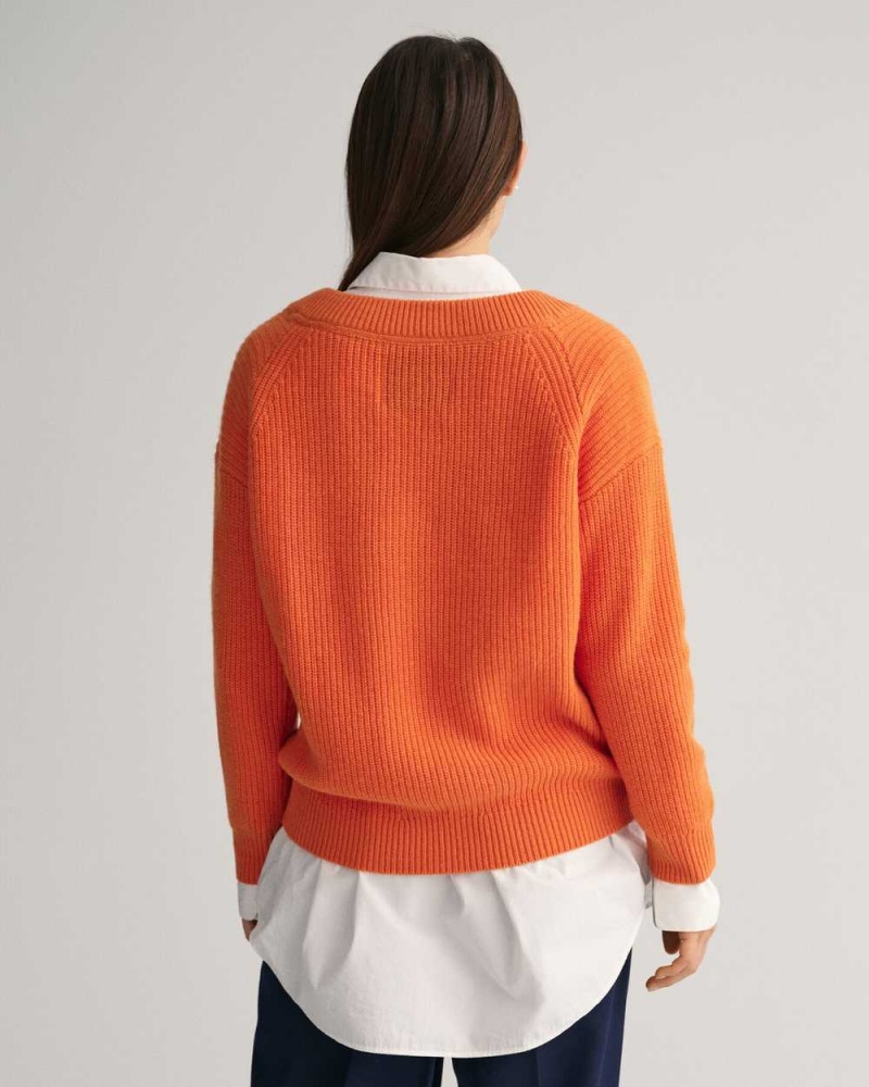 Gant Wool Ribbed V-Neck Women's Sweater Pumpkin Orange | SEKZM-7804