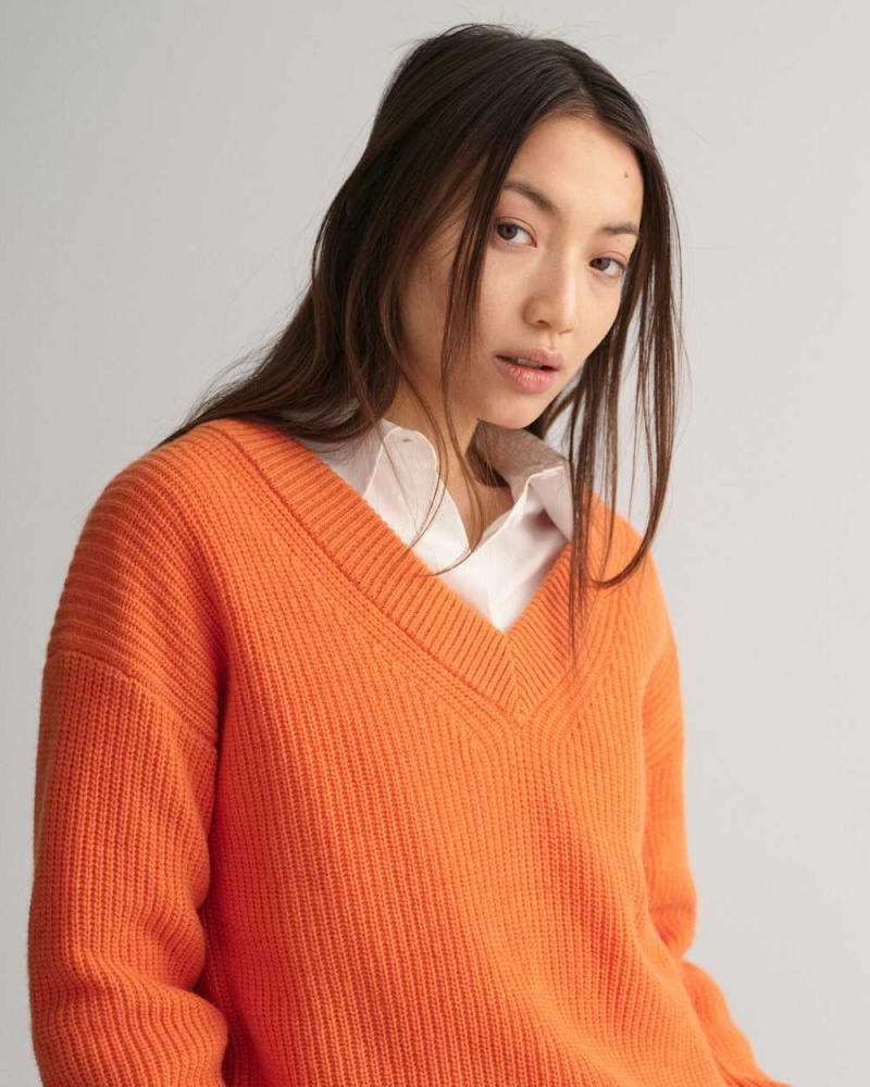 Gant Wool Ribbed V-Neck Women's Sweater Pumpkin Orange | SEKZM-7804