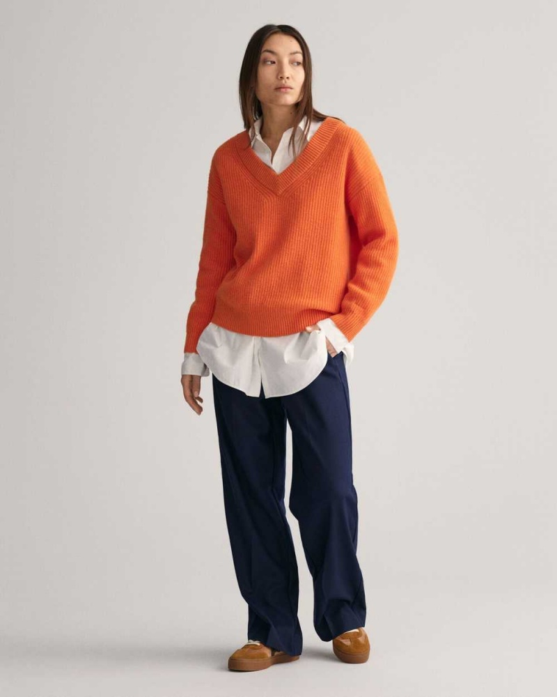 Gant Wool Ribbed V-Neck Women's Sweater Pumpkin Orange | SEKZM-7804