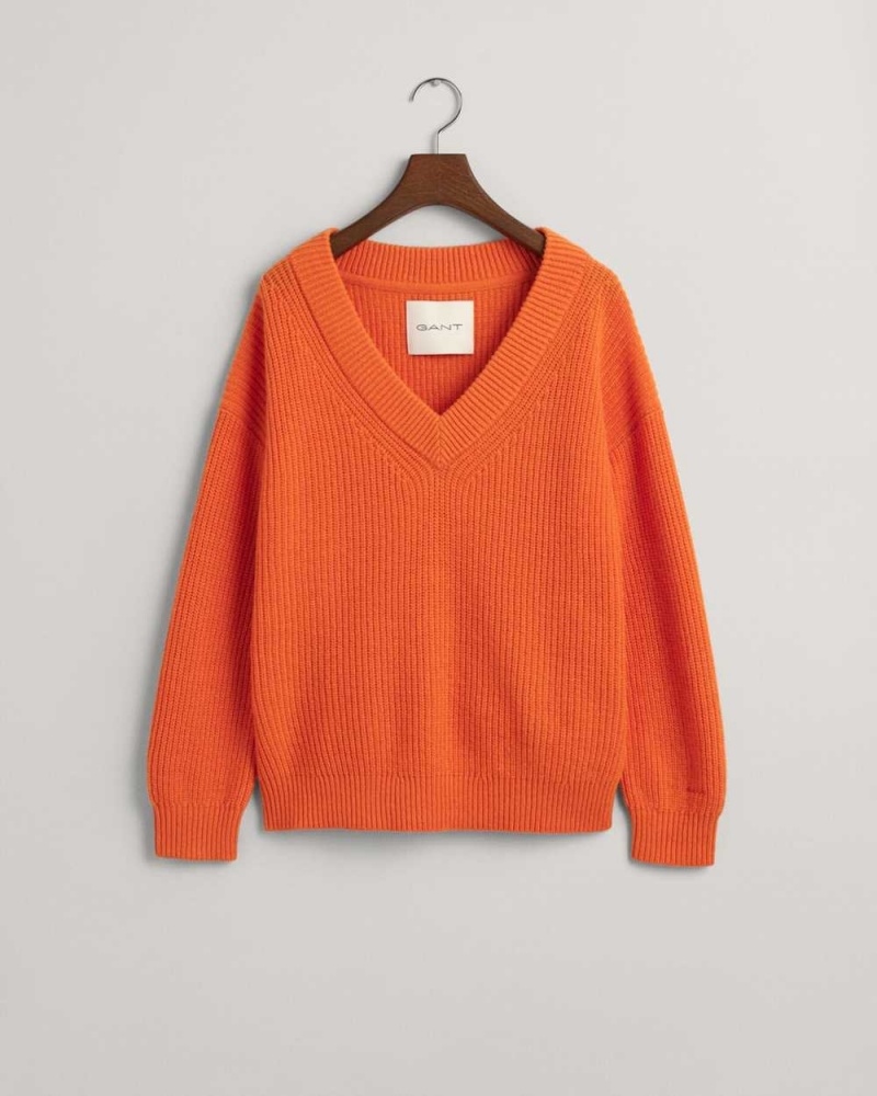 Gant Wool Ribbed V-Neck Women's Sweater Pumpkin Orange | SEKZM-7804